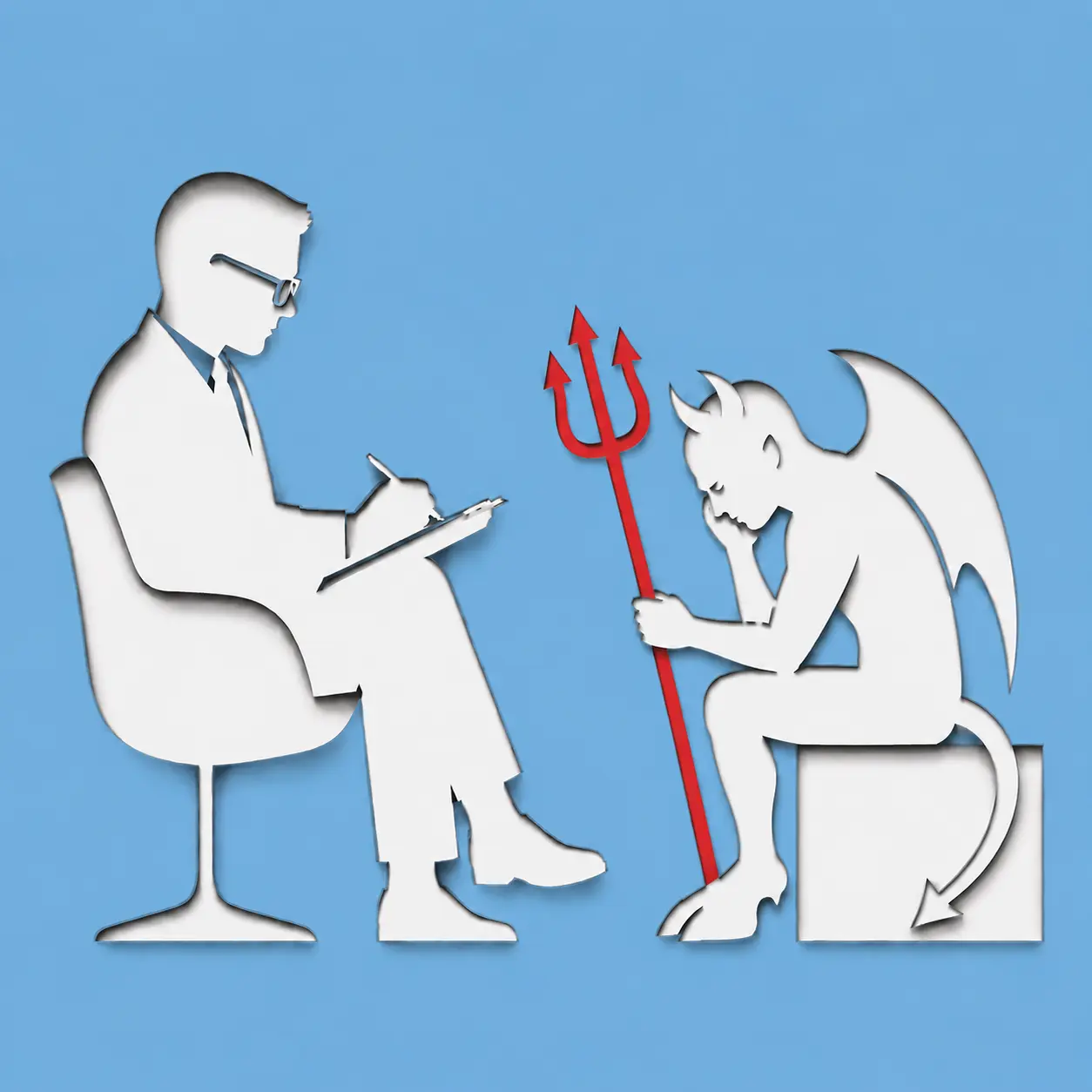 Minimalistische Illustration des Teufels, der beim Psychiater sitzt als Titelbild einer satirischen Kurzgeschicte über einen Beelzebub mit Lebenskrise