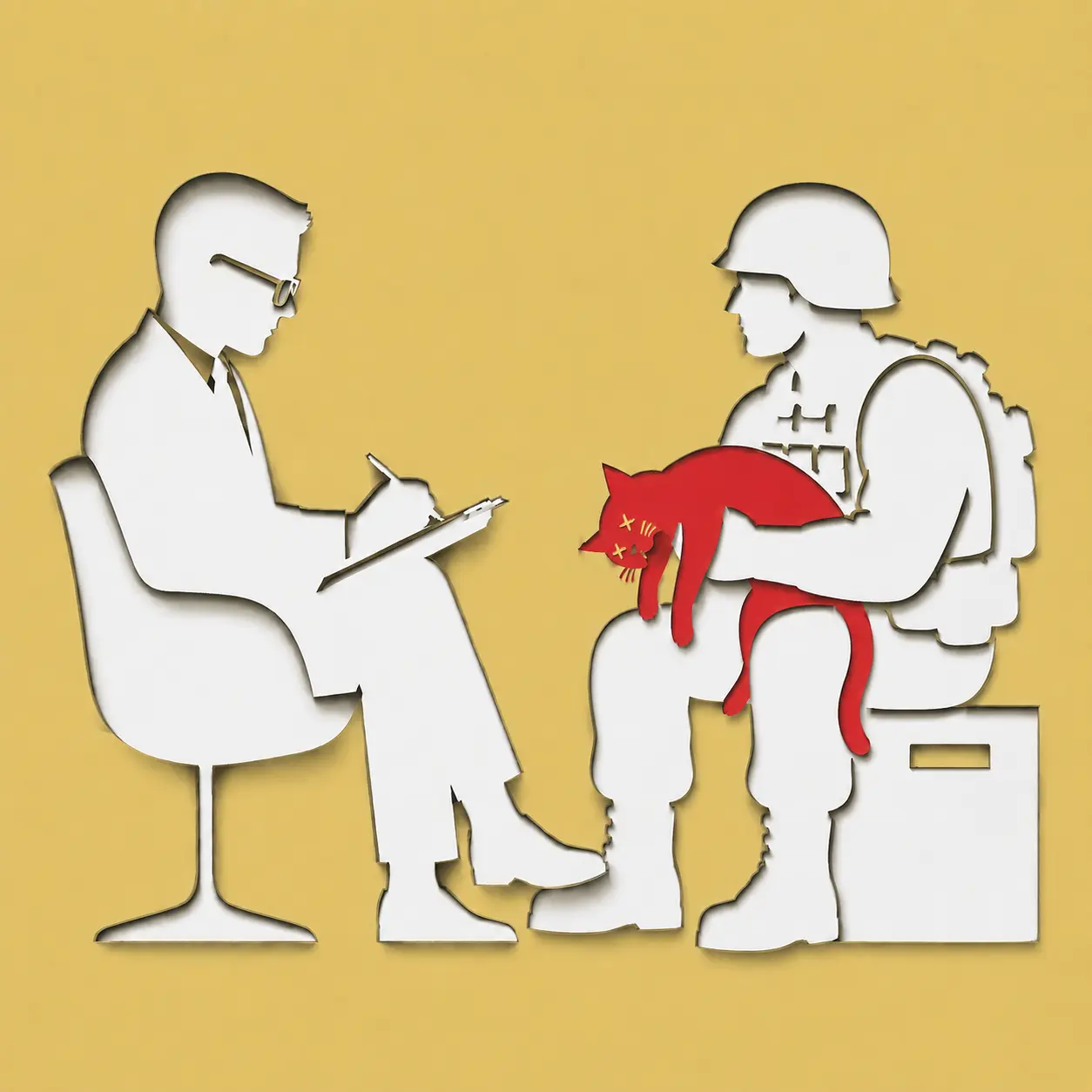 Minimalistische Illustration eines Generals der mit einer toten Katze im Arm beim Psychiater sitzt als Titelbild einer Kurzgeschichte über ein Gespräch zwischen einem General und einem Psychiater