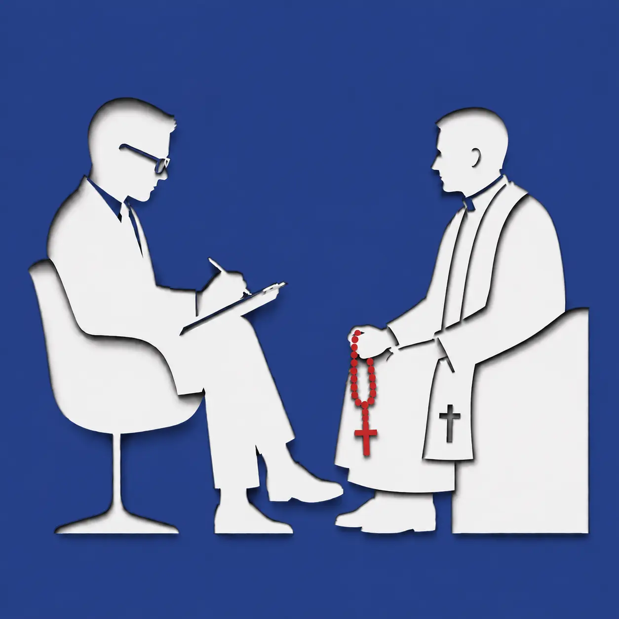 Minimalistische Illustration eines Pfarrers, der beim Psychiater sitzt als Titelbild einer satirischen Kurzgeschichte über wortgenaue Auslegung von religiösen Texten