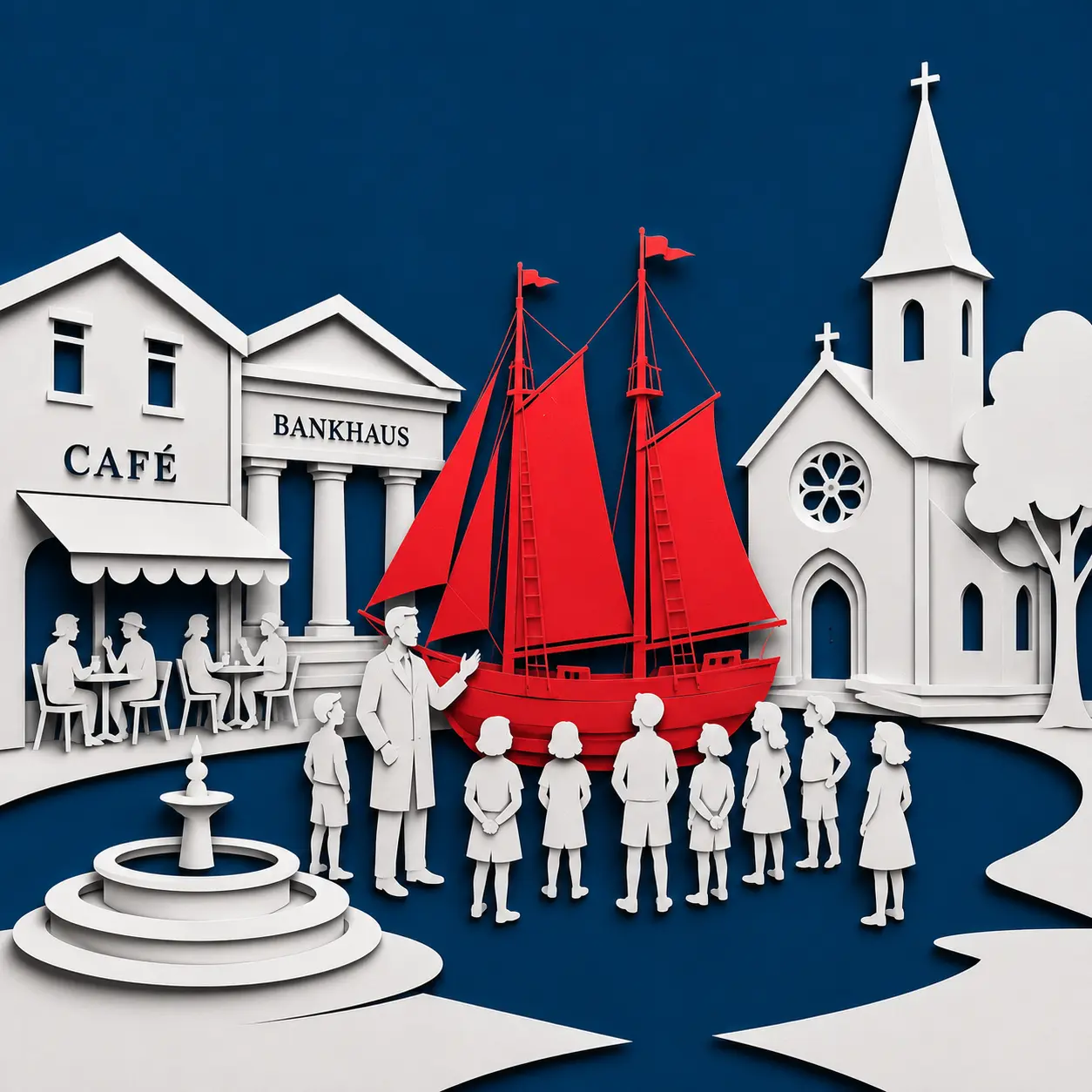 Minimalistische Illustration eines Segelschiffes auf einem Hauptplatz als Titelbild einer Kurzgeschichte über ein Segelschiff auf einem Hauptplatz
