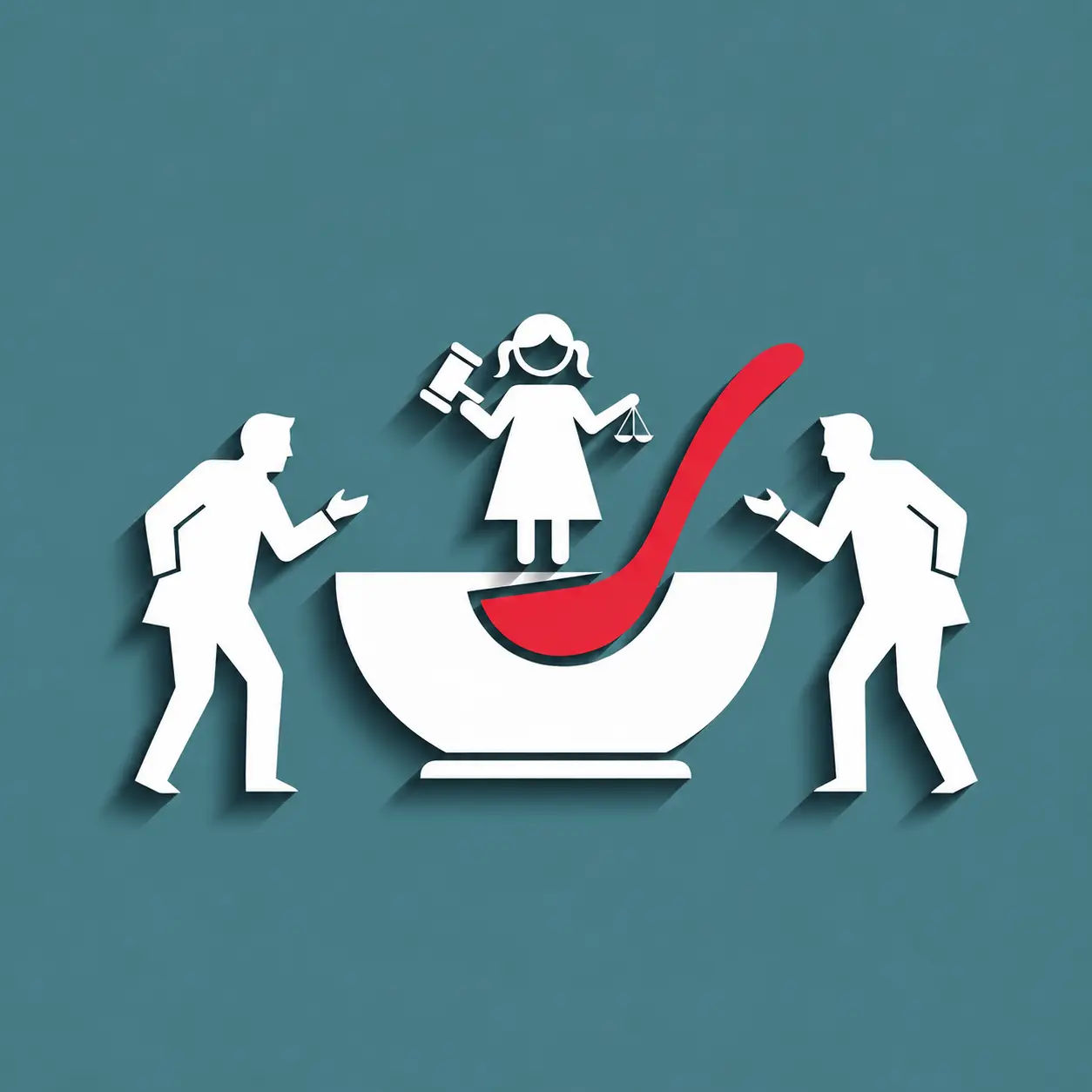 Minimalistische Illustration zweier Anwälte und einer kindlichen Richterin, die über einen Teller Suppe Streiten als Titelbild einer satirischen Kurzgeschichte über Gerichtsprozesse