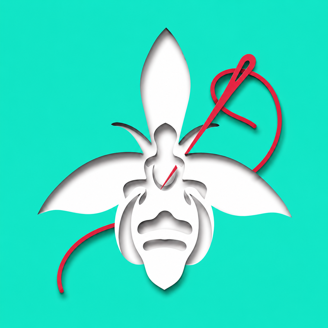 Minimalistische Illustration einer Hummel-Ragwurz (Ophrys) die von einer Nadel und Faden durchstochen wird als Titelbild für eine Geschichte.