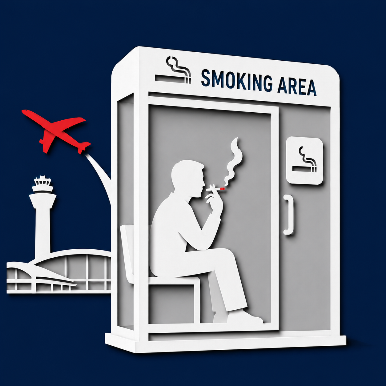 Minimalistische Illustration eines Mannes in einer Raucherzelle im Flughafen als Titelbild einer Kurzgeschichte über Nikotinsucht