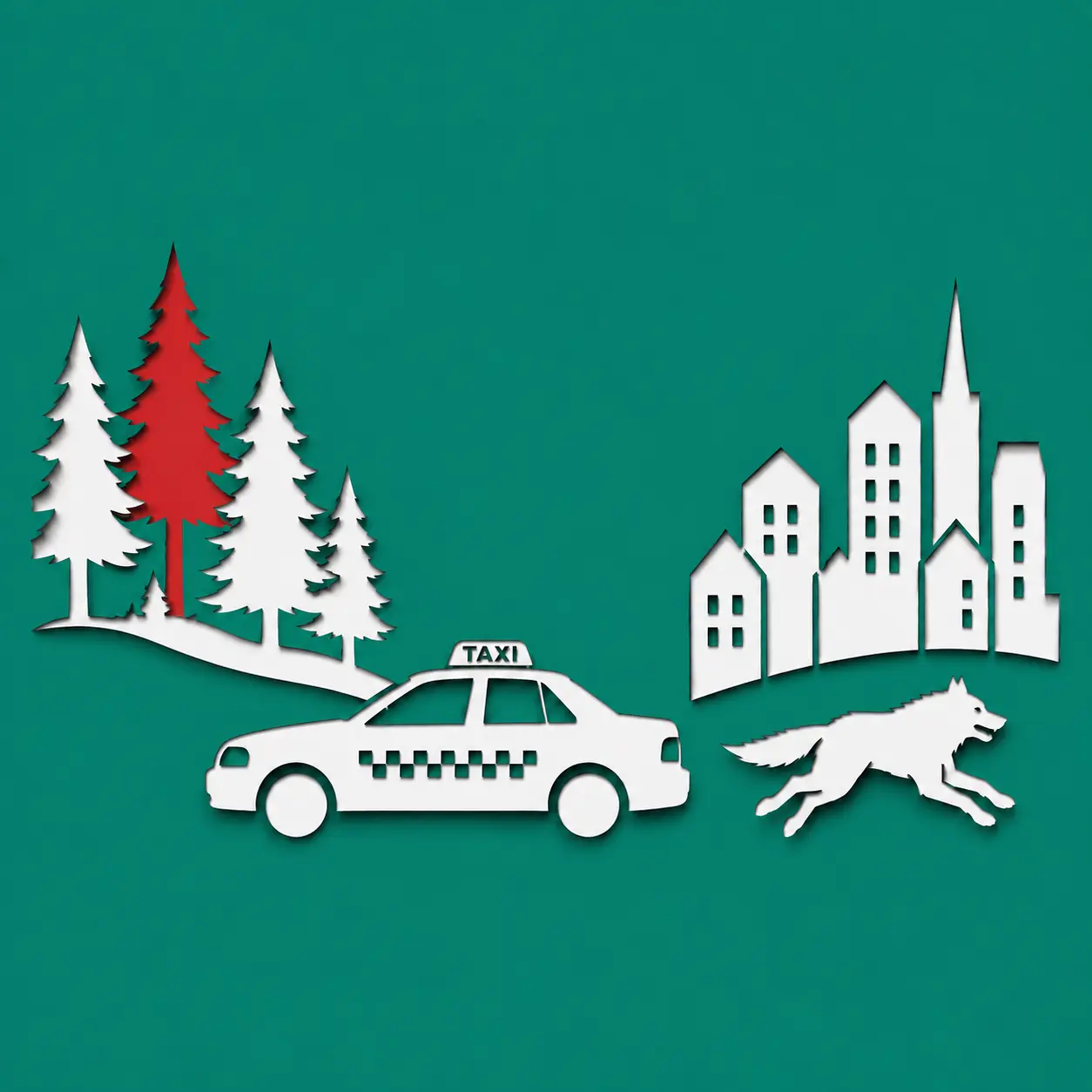 Minimalistische Illustration eines Taxis, eines Wolf, einer Stadt und eines Waldes als Titelbild einer Kurzgeschichte über eine unheimliche Taxifahrt